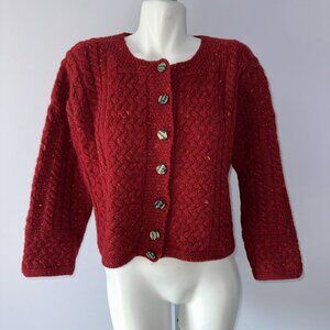 Vtg 90s Blarney Woollen Mills Ireland Red Cable Knit Cardigan Elbow Patch Medium